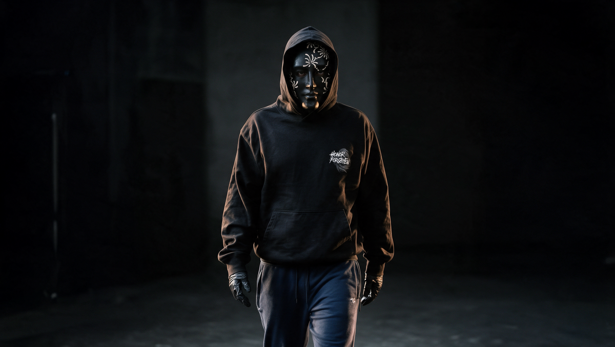 Anonyme Person mit Honor-Forgotten-Maske und schwarzen Handschuhen als Symbol für die Werte der Marke