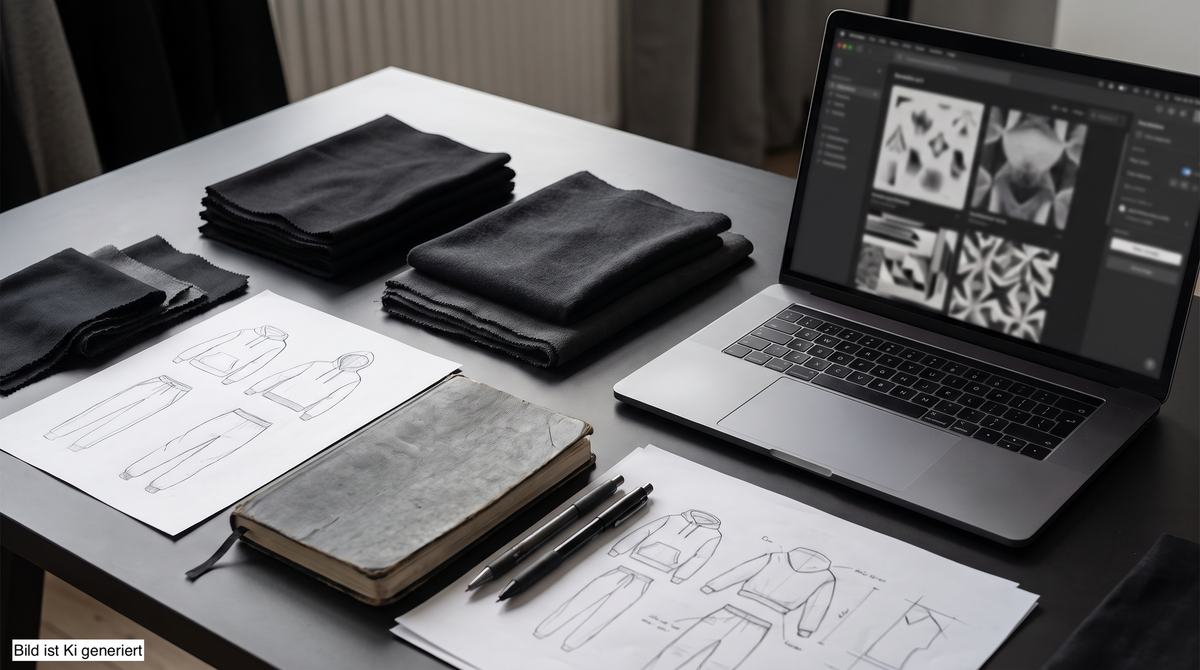 Kreativer Arbeitsplatz mit schwarzen Stoffmustern, Kleidungsskizzen und Laptop als Symbol für die Arbeit mit KI bei Honor Forgotten
