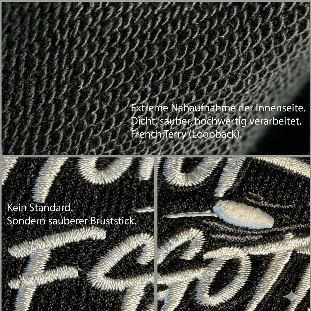 Nahaufnahme des schwarzen Honor Forgotten Hoodies mit French-Terry-Innenseite und einem präzise gestickten Brustlogo in Weiß.