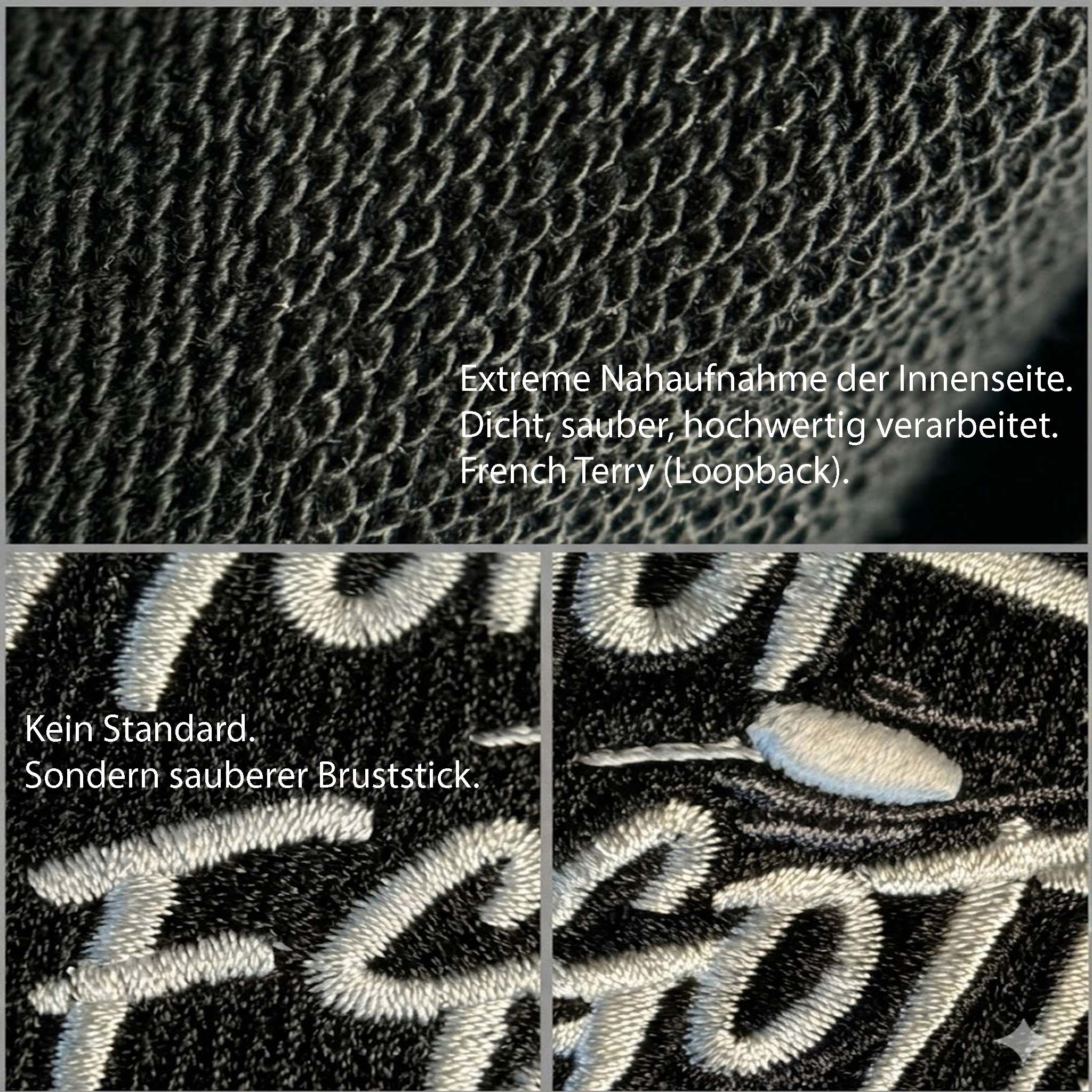 Nahaufnahme des schwarzen Honor Forgotten Hoodies mit French-Terry-Innenseite und einem präzise gestickten Brustlogo in Weiß.