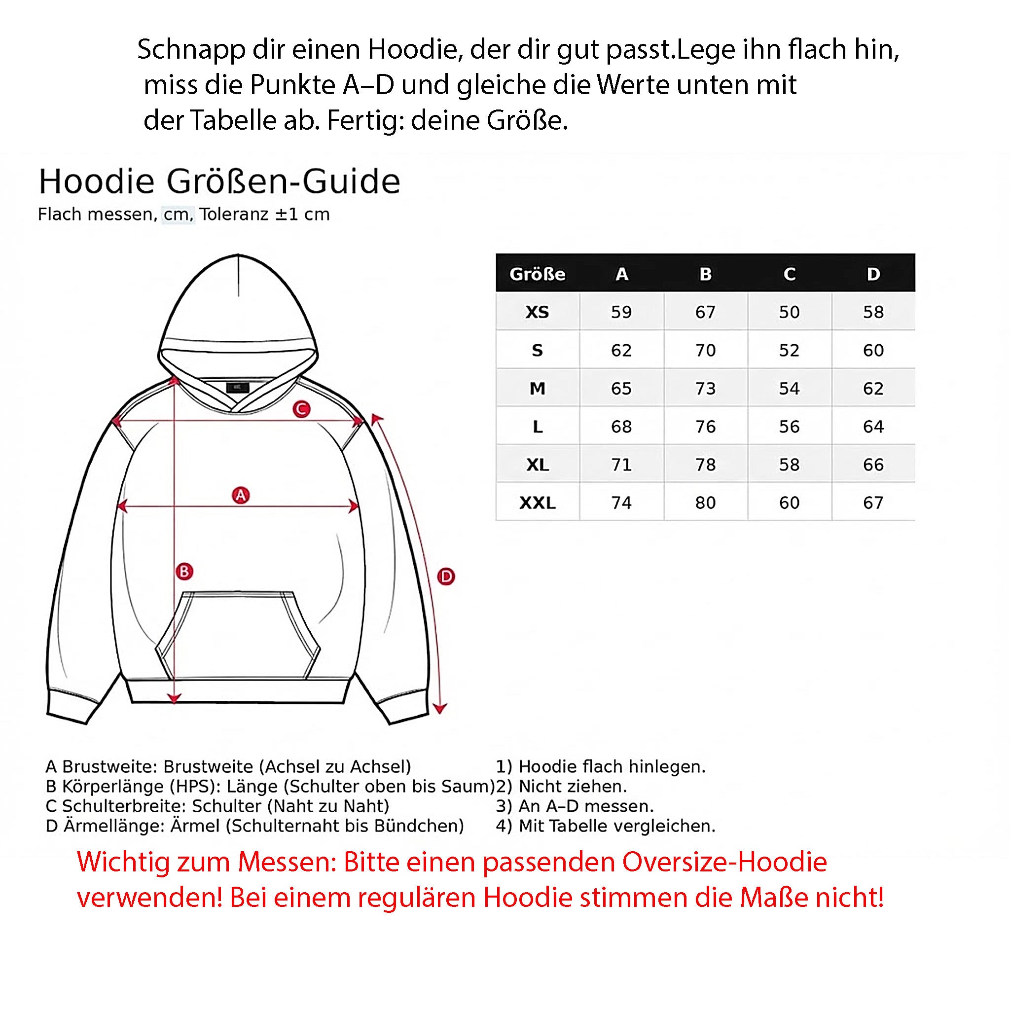 Hoodie Größen-Guide mit Messanleitung und Maßtabelle von XS bis XXL in Zentimetern