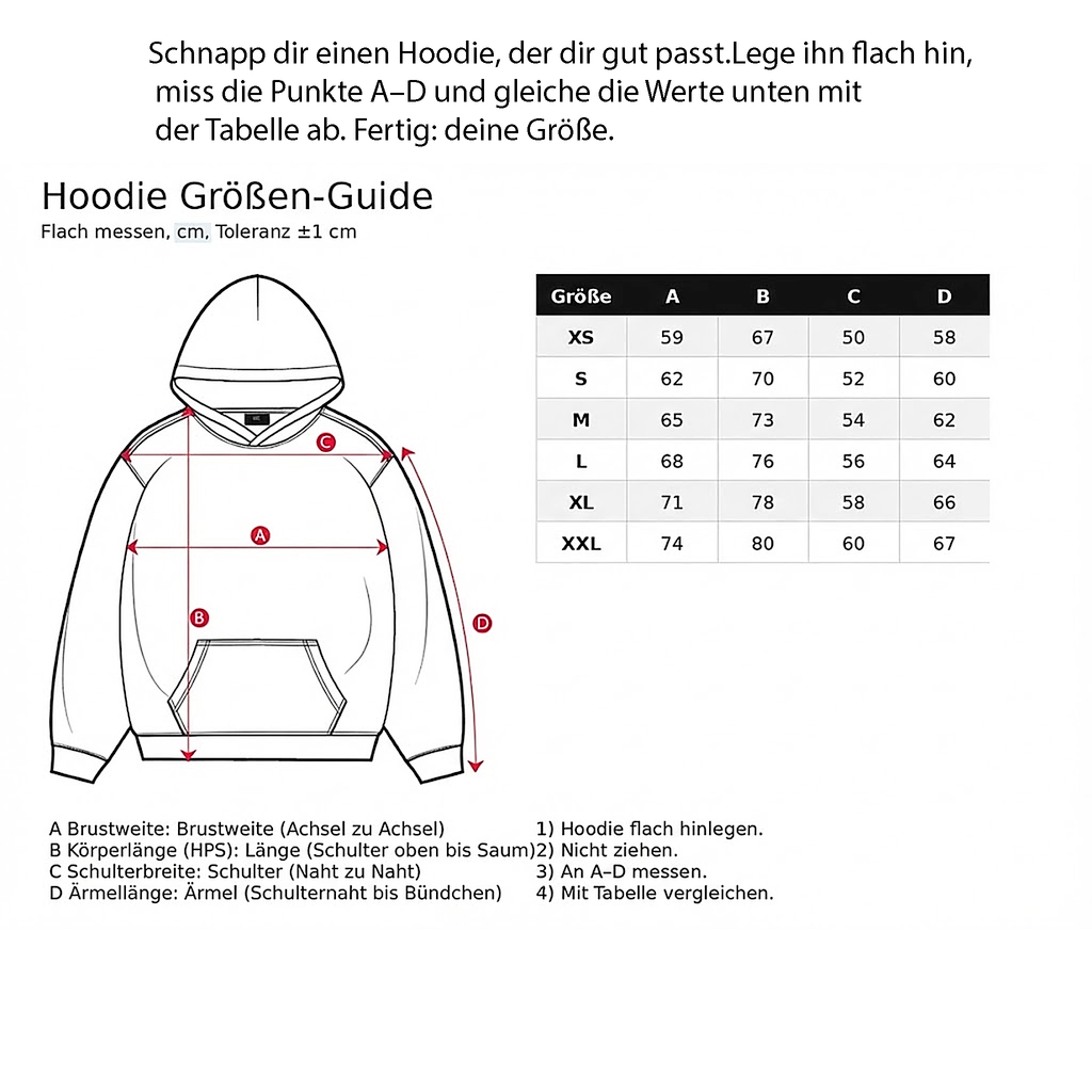 Hoodie Größen-Guide mit Messanleitung und Maßtabelle von XS bis XXL in Zentimetern