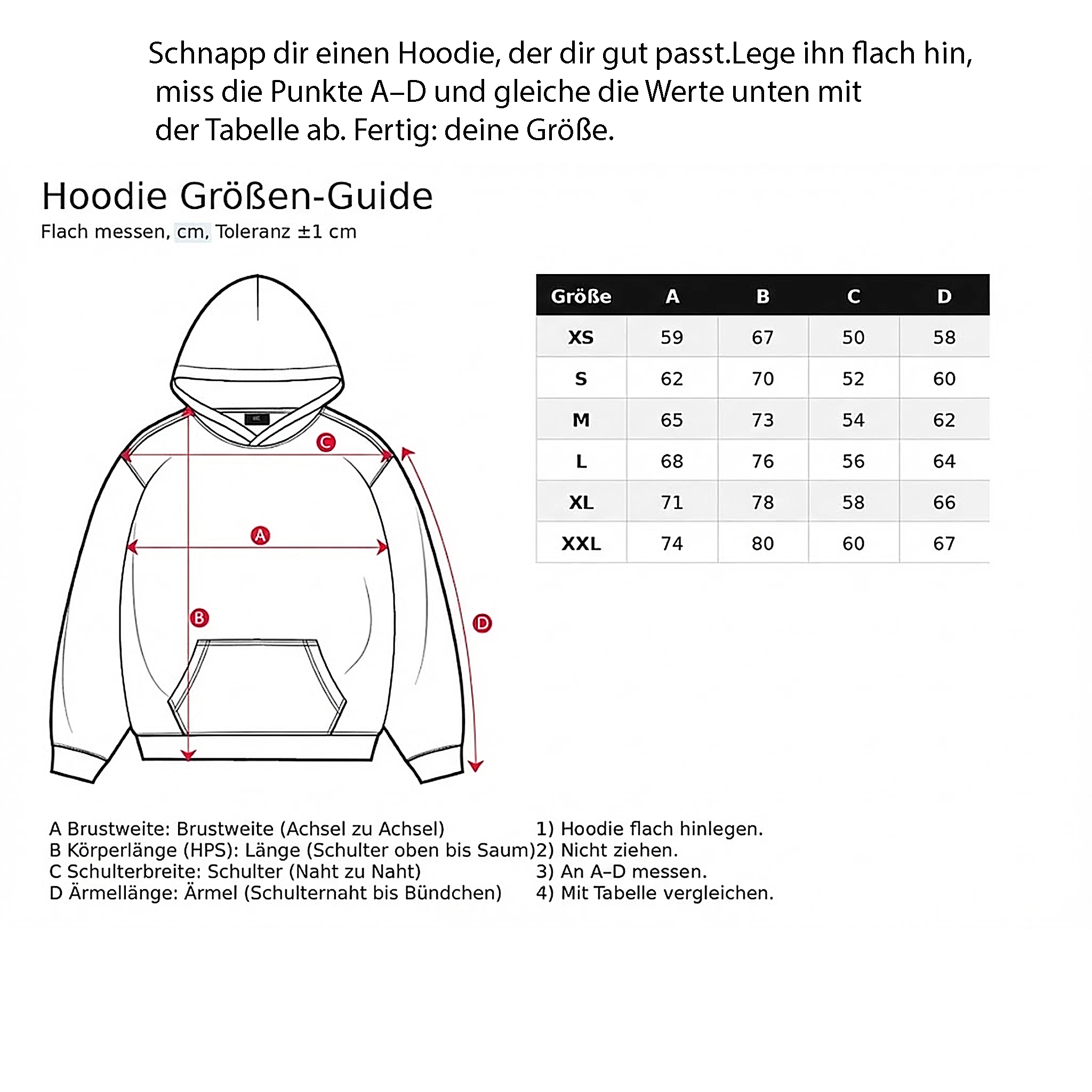 Hoodie Größen-Guide mit Messanleitung und Maßtabelle von XS bis XXL in Zentimetern