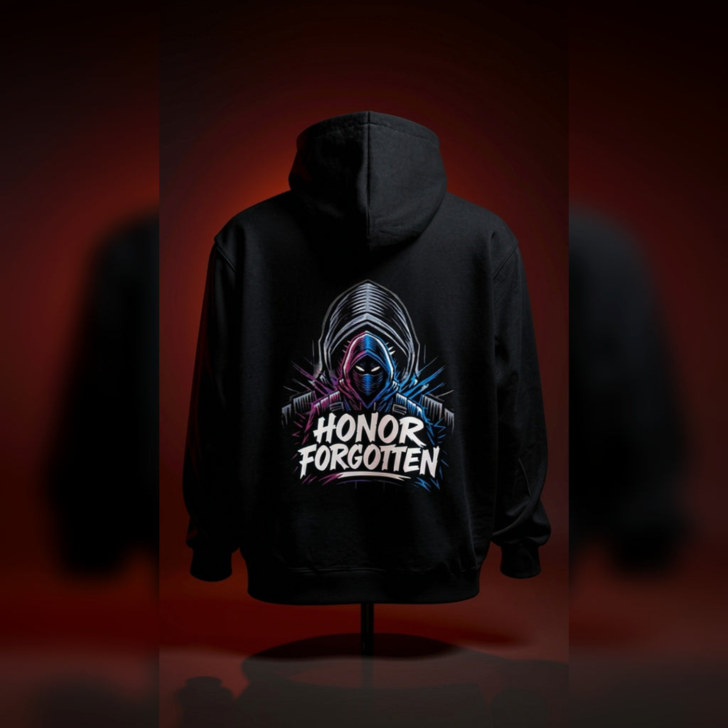 Schwarzer Honor Forgotten Hoodie mit großem Masken-Backprint und farbigem Motiv auf der Rückseite