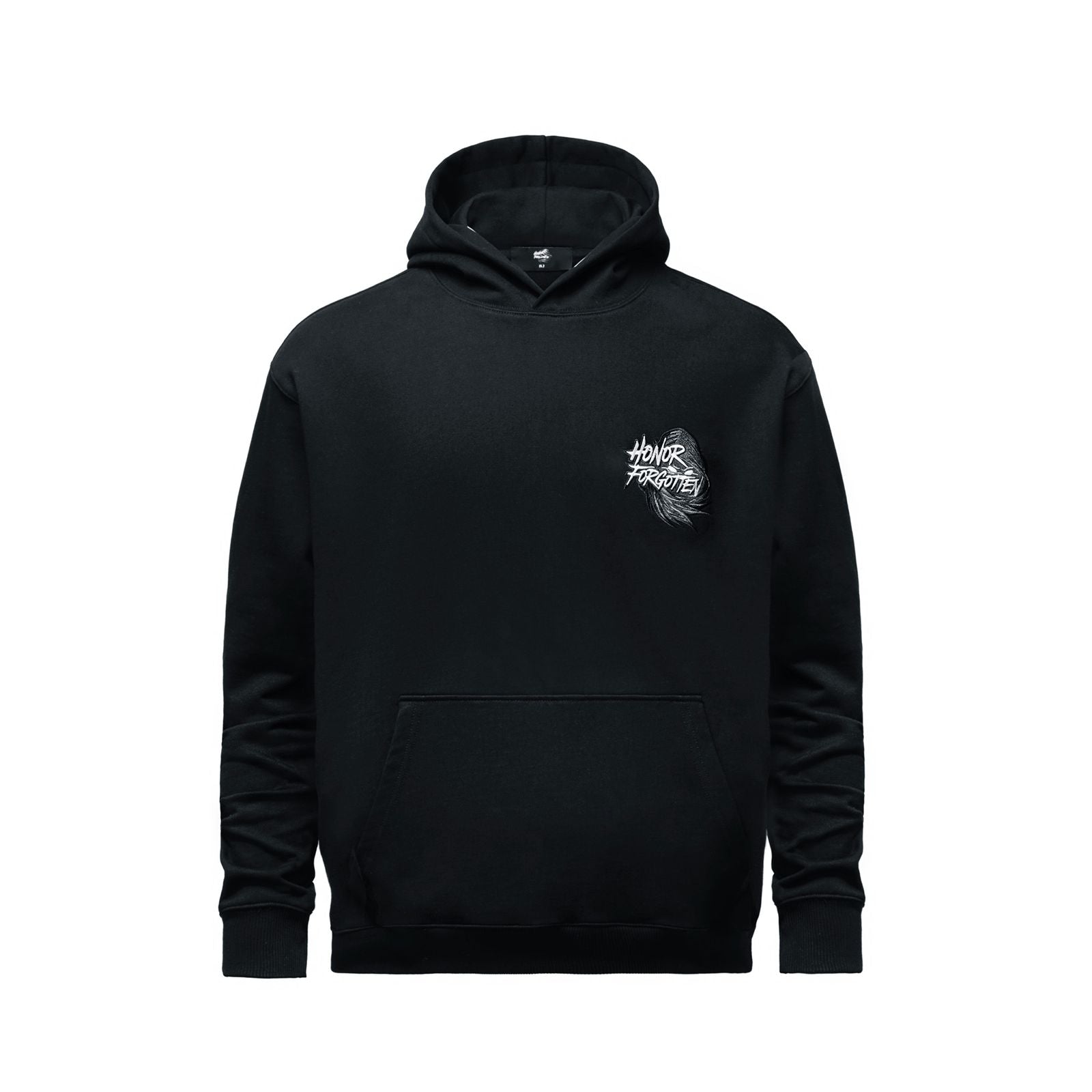 Schwarzer Honor Forgotten Hoodie mit gesticktem Logo auf der Brust