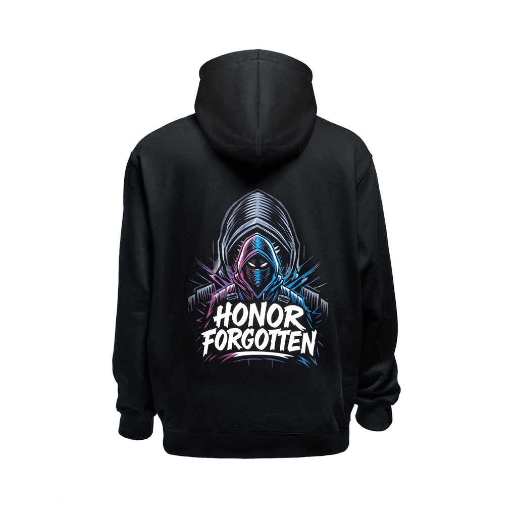 Schwarzer Honor Forgotten Hoodie mit großem Masken-Backprint in Neonfarben
