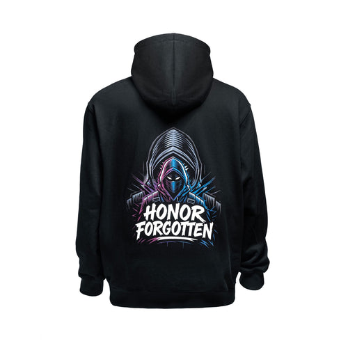 Schwarzer Honor Forgotten Hoodie mit großem Masken-Backprint in Neonfarben