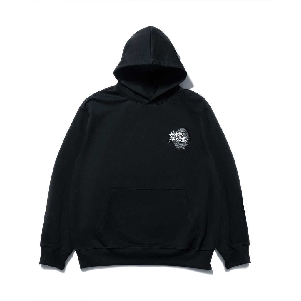 Schwarzer Honor Forgotten Hoodie mit gesticktem Brustlogo in Frontansicht