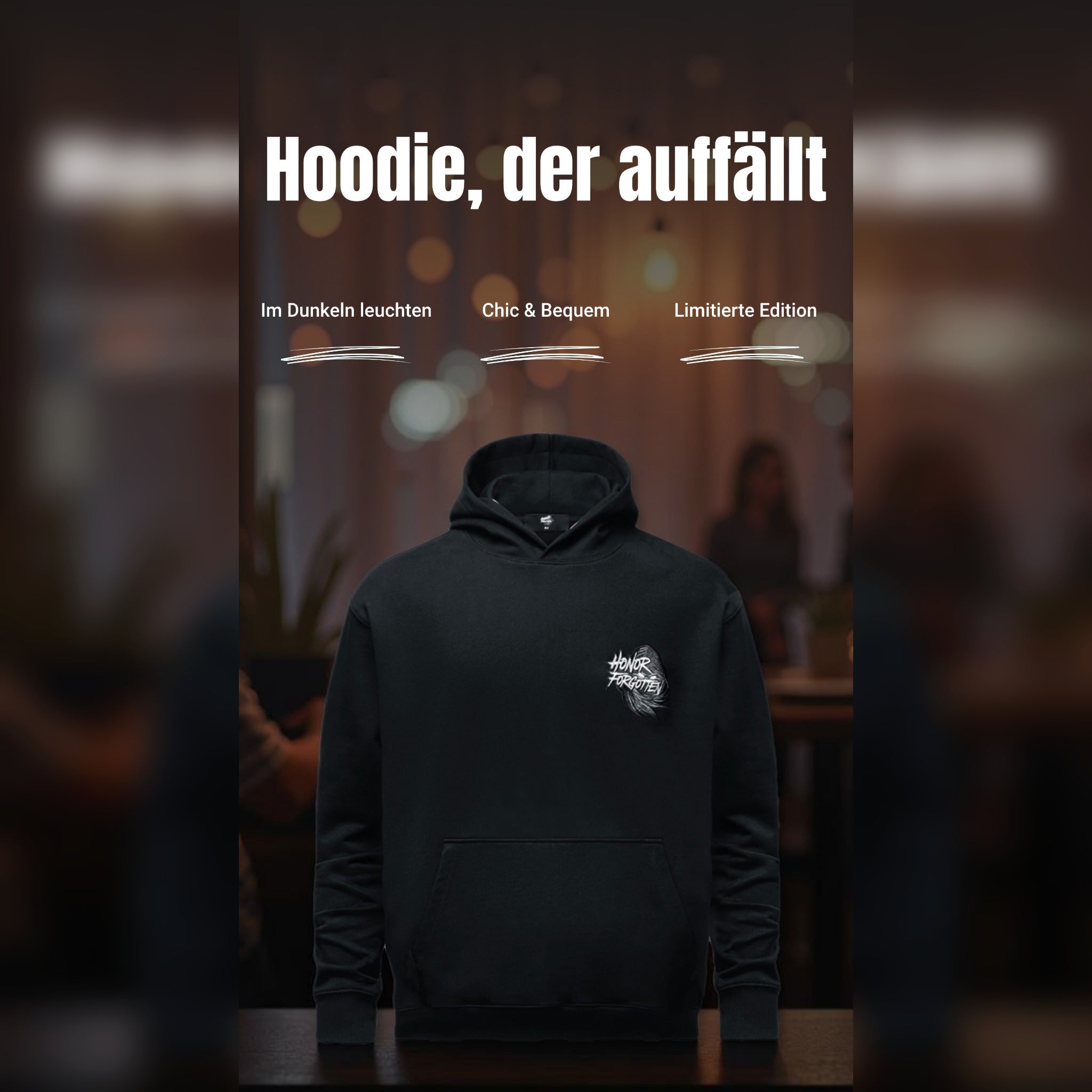 Schwarzer Honor Forgotten Hoodie mit vollständig gesticktem Maskenlogo auf der Brust, limitierte Edition